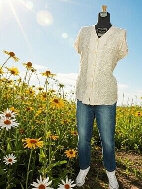Vintage 80s She Ivory Lace Button-Down Short Sleeve Shirt Size 14